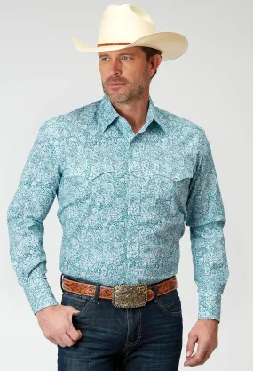 1944 STRETCH POPLIN - TEAL PAISLEY