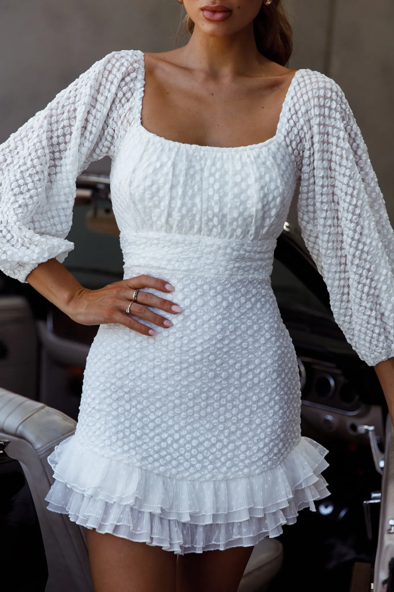 Abby Frill Hem Lace Dress White