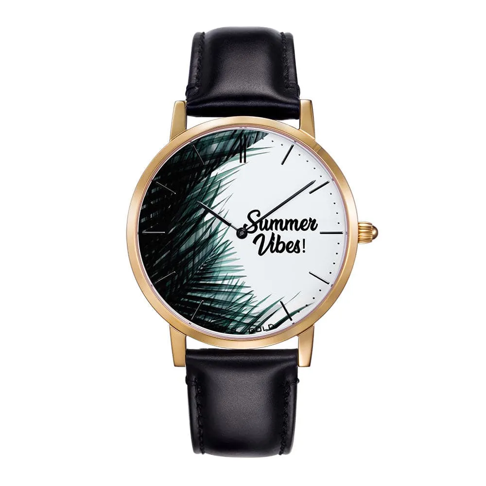 ARIES GOLD CUSTOMISED GOLD STAINLESS STEEL WATCH - SUMMER VIBES PALM LEAVES UNISEX LEATHER STRAP WATCH