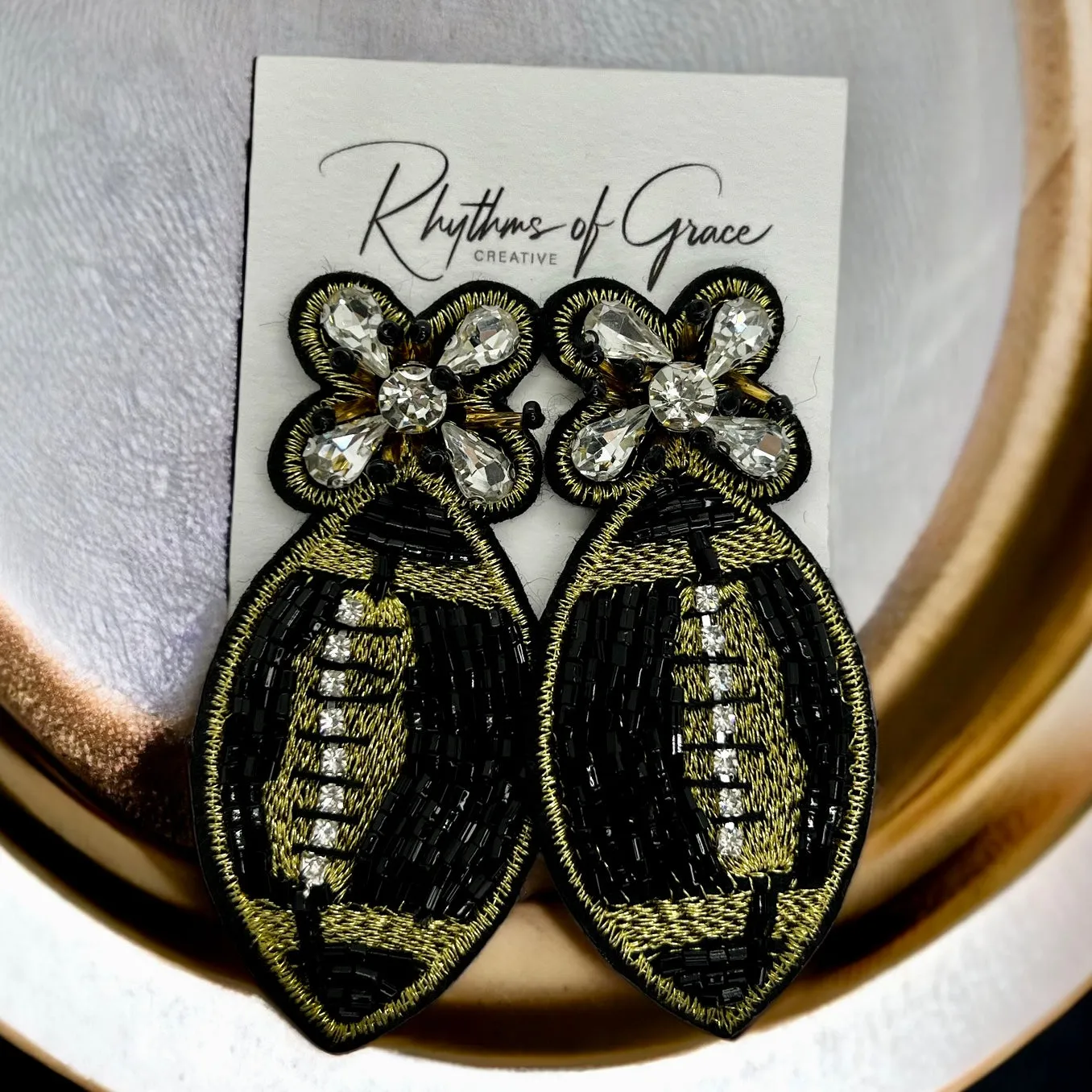 Beaded Football Earrings - Who Dat Nation, NOLA Saints, New Orleans Saints, Black and Gold, Fleur de lis, Beaded Earrings, NOLA Jewelry