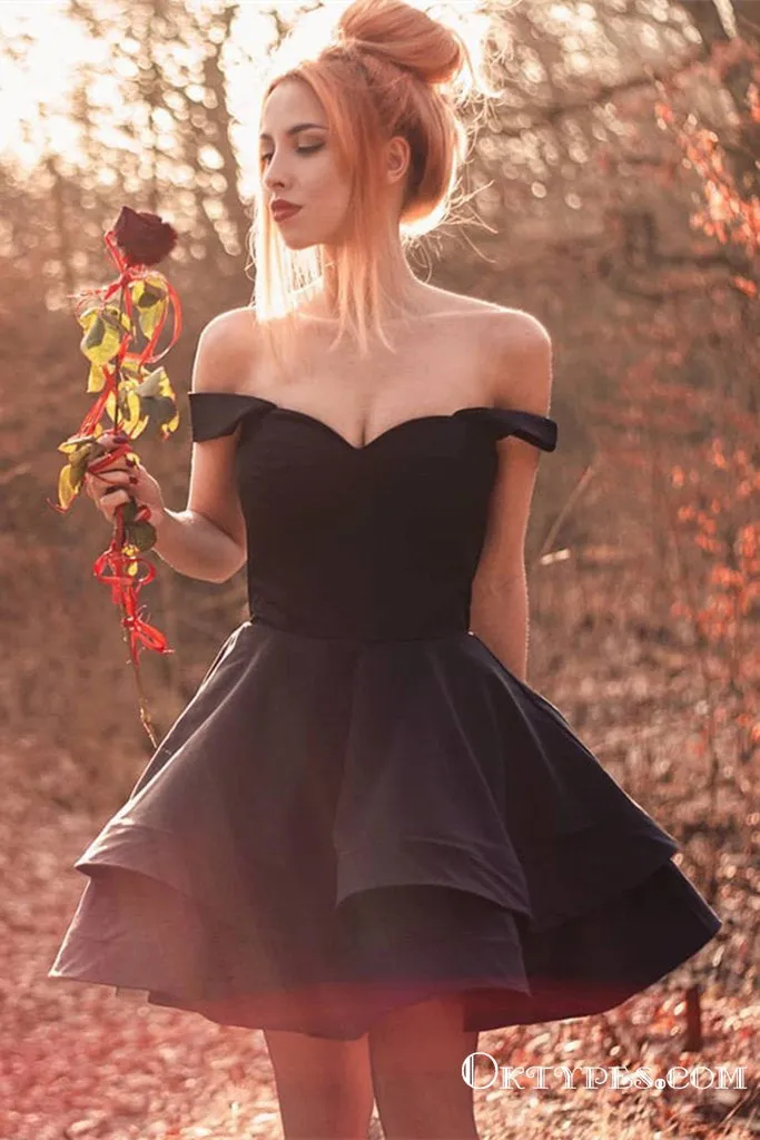 Cute Off Shoulder Layered Black Satin Short Homecoming Dresses, TYP1961