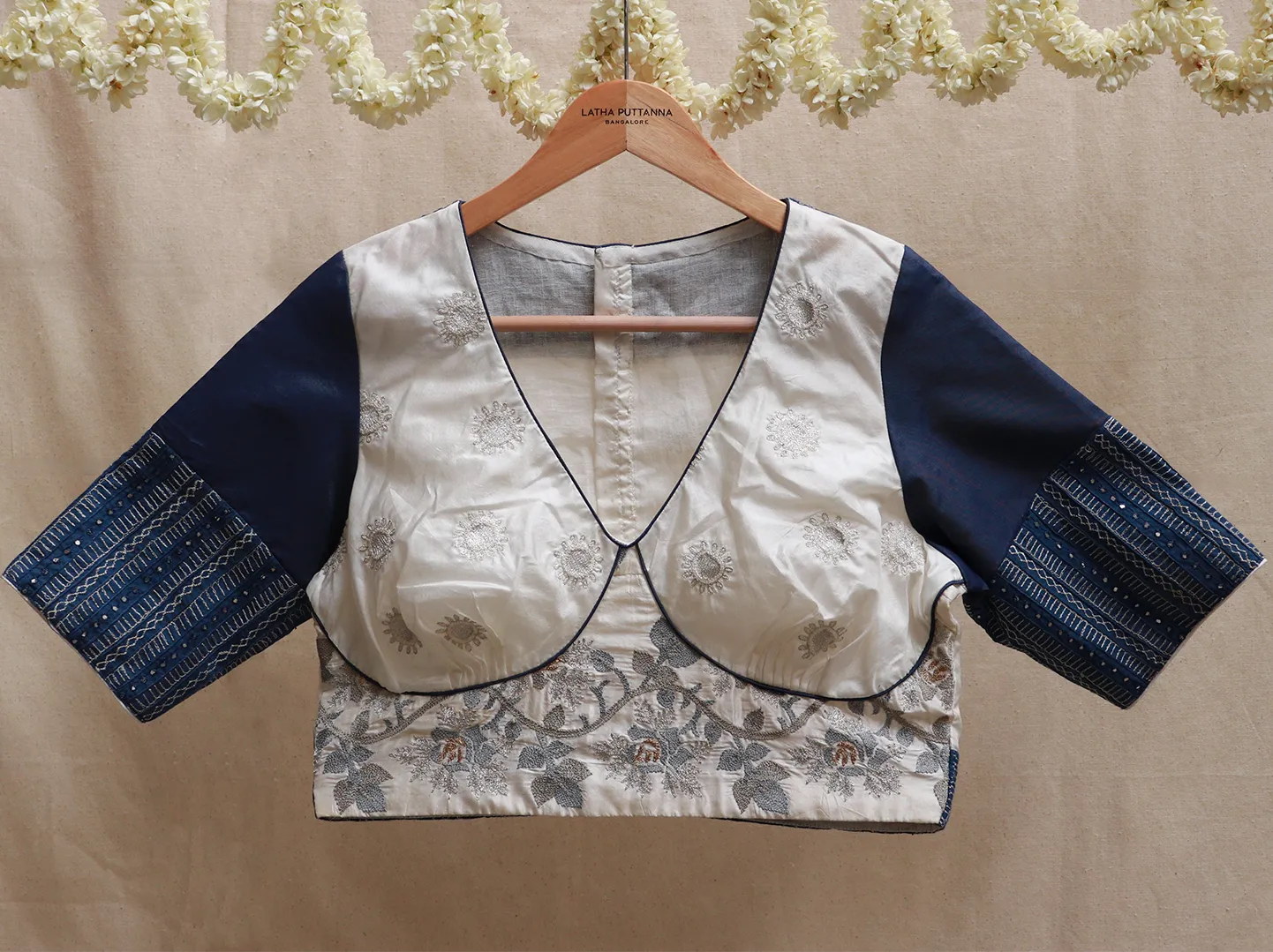 Denim blue and White silk blouse