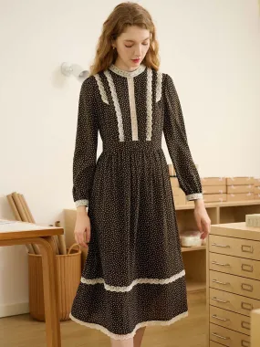 Elizabeth Mock Neck Lantern Sleeves Lace Contrast Printed Dress