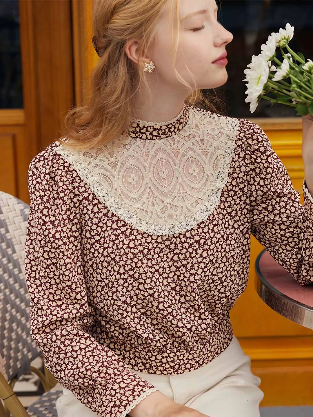 【Final Sale】Sofia Maple Leaf Print Lantern Sleeve Lace Contrast Blouse