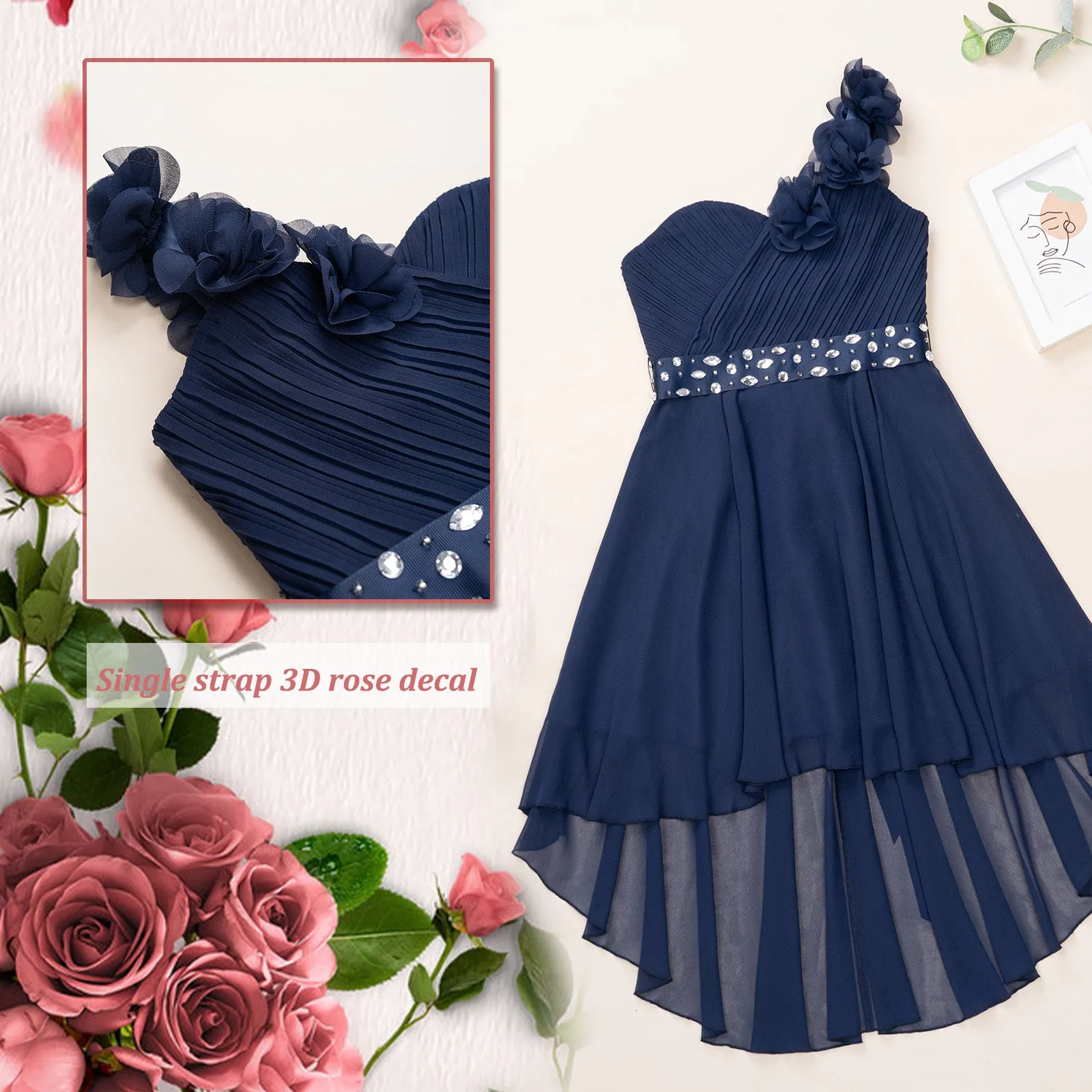 Girls Pincess Dress One-Shoulder 3D Flower Elegant Ball Gown Kids Ceremony Wedding Birthday Party Bridesmaid Children's Costume