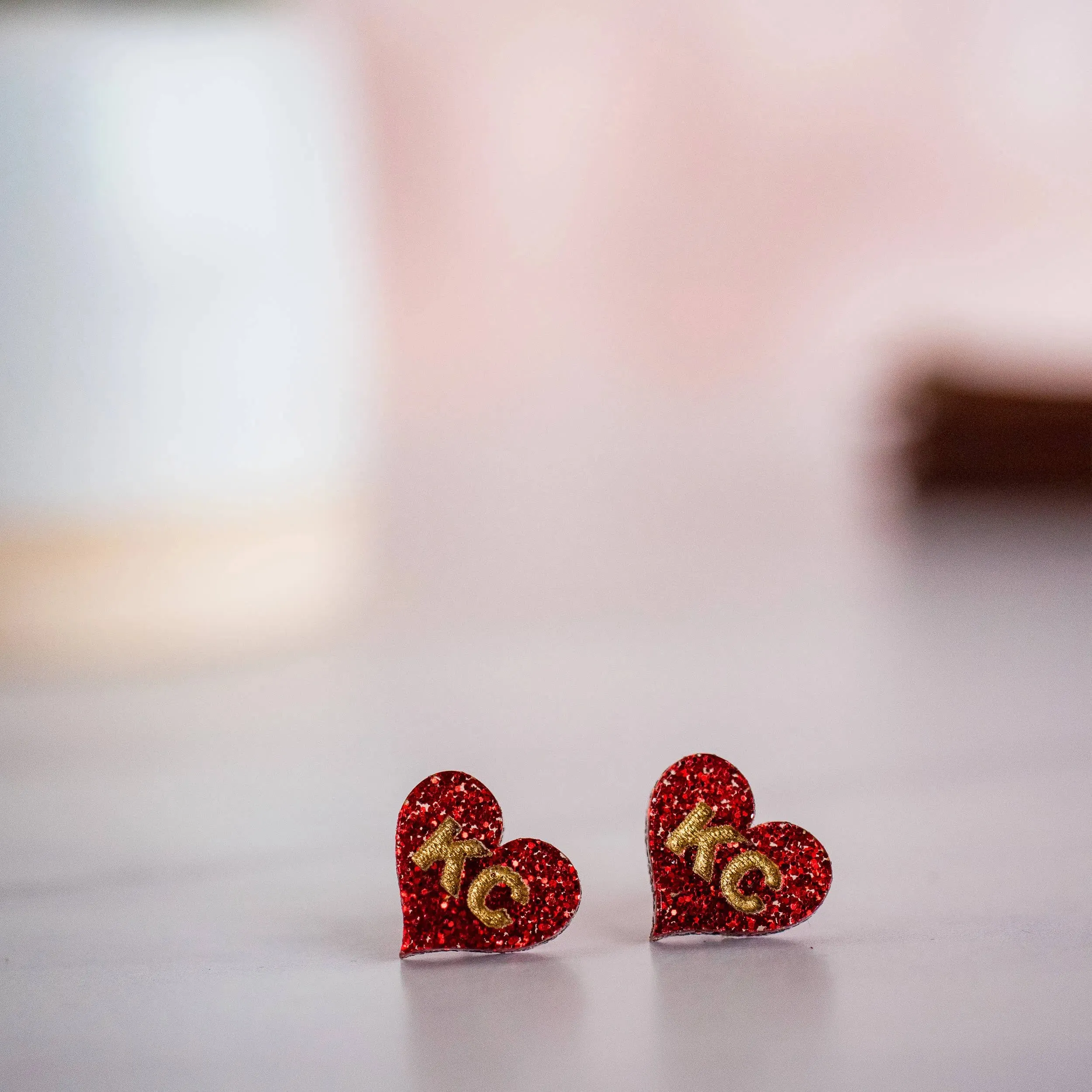 Kansas City Chiefs Football Hand Painted Red Glitter KC Heart Studs