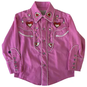 Kid's Embroidered Hearts & Floral Pink Western Shirt