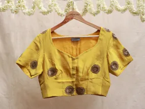 Mustard yellow, crepe silk, hand embroidery blouse