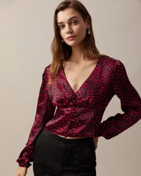 The Red V Neck Heart Print Crop Blouse