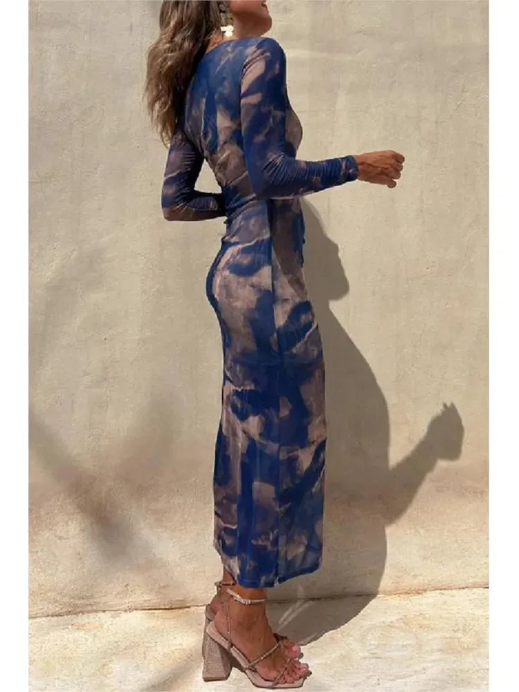 Tie Dye Printed Mesh See-through Maxi Dresses For Women Sexy Slim Slit Party Evening Dress 2023 Spring New Fashion Club Vestidos