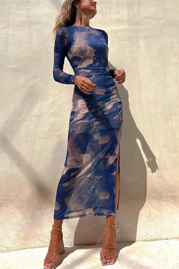 Tie Dye Printed Mesh See-through Maxi Dresses For Women Sexy Slim Slit Party Evening Dress 2023 Spring New Fashion Club Vestidos